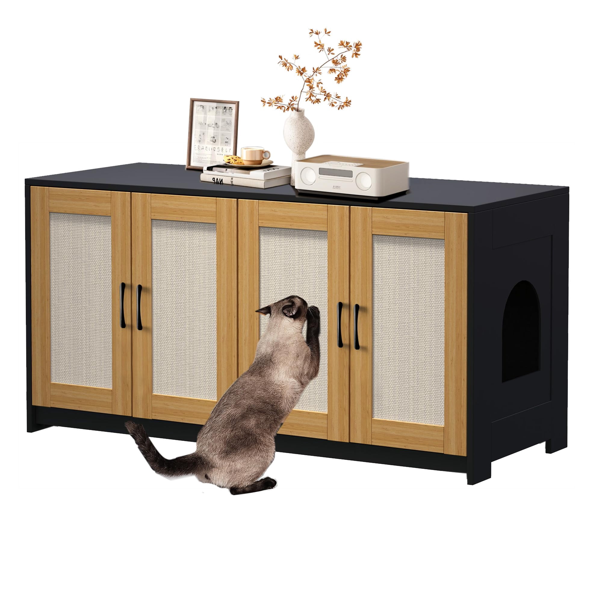 Huisuilinss Cat Litter Box Enclosure With Rattan Door,47" Hidden Litter Box With Double Room,Wood Cat Washroom Furniture,Cat House TV Stand,End Side Table Sideboard With 4 Sisal Doors