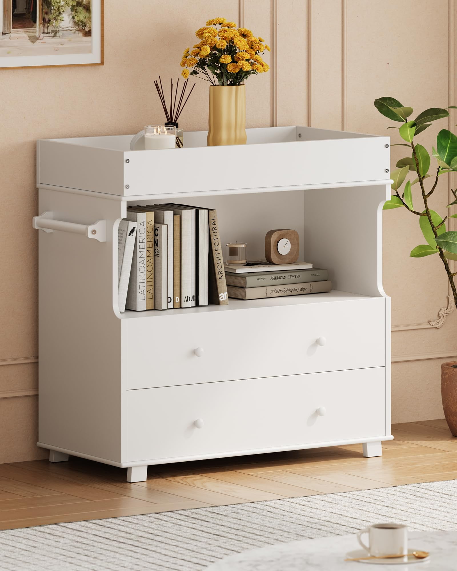Huisuilinss Changing Table Dresser,Baby Nursery Dresser,Modern Wood Diaper Changing Station With 2 Drawers & Shelves,Multi-Functional Chest Of Drawer For Nursery Room Bedroom Kids Room