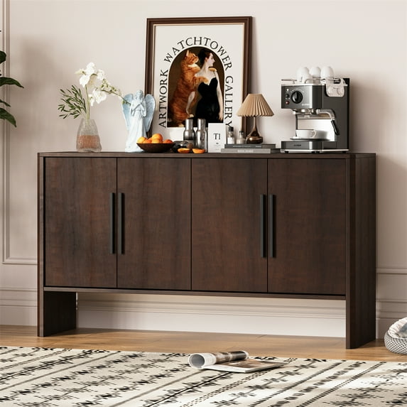 Huisuilinss Console Cabinet, 59'' Mid Century Modern Pantry Cabinet, Wood Buffet Cabinet With Adjustable Shelves, Media Cabinet with 4 Doors, Accent Cabinet for Entryway, Living Room, Bedroom