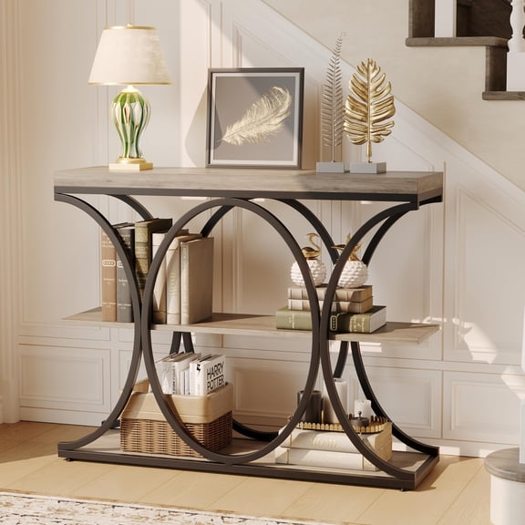 Huisuilinss Console Table,39" Narrow Entryway Table,Industrial 3-Tier Sofa Table With Round Metal Base And Storage Shelves,Wood Behind Couch Table For Living Room Hallway Foyer