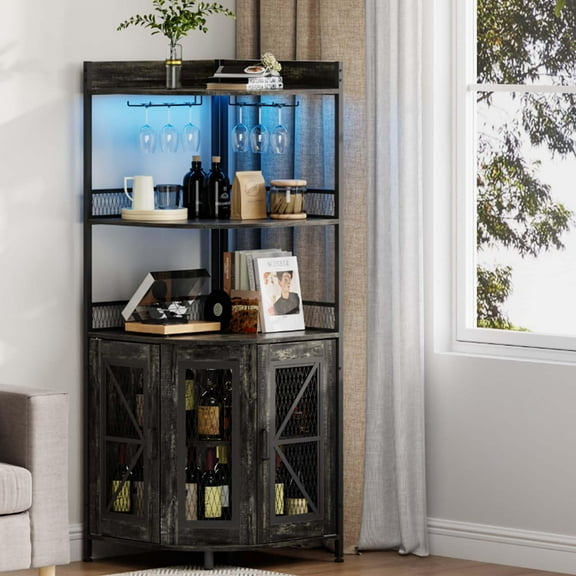 Huisuilinss Corner Bar Cabinet,5-Tiers Modern Wine Cabinet With LED Light And Power Outlet,64'' Tall Home Bar Liquor Cabinet With Glass Holder For Living Room Dining Room