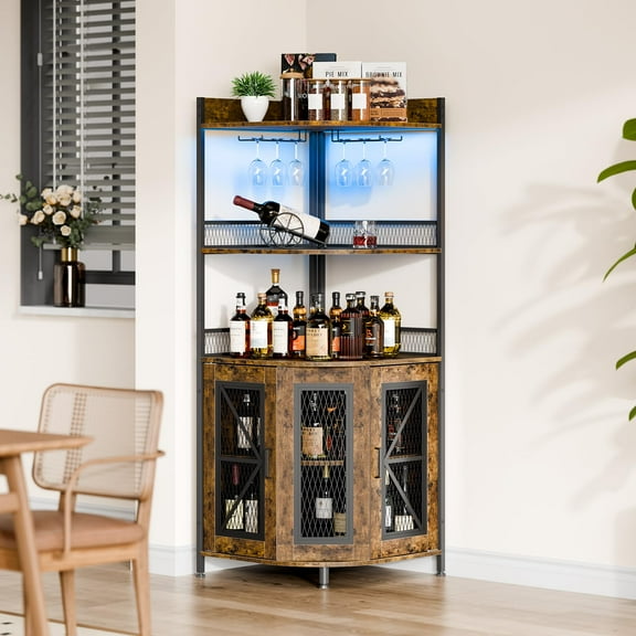 Huisuilinss Corner Bar Cabinet,5-Tiers Modern Wine Cabinet With LED Light And Power Outlet,64'' Tall Home Bar Liquor Cabinet With Glass Holder For Living Room Dining Room