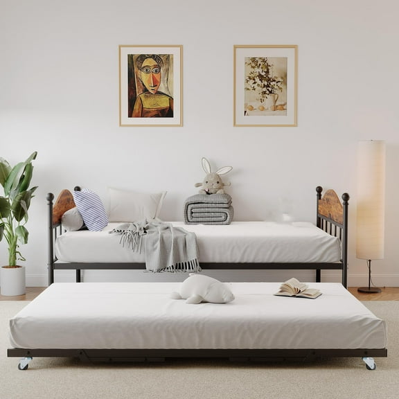 Huisuilinss Daybed With Trundle,Metal Twin Bed Frame With Pop Up Trundle Bed,Day Bed Sofa Bed Frame With Stylish Headboard For Living Room Bedroom Guest Room