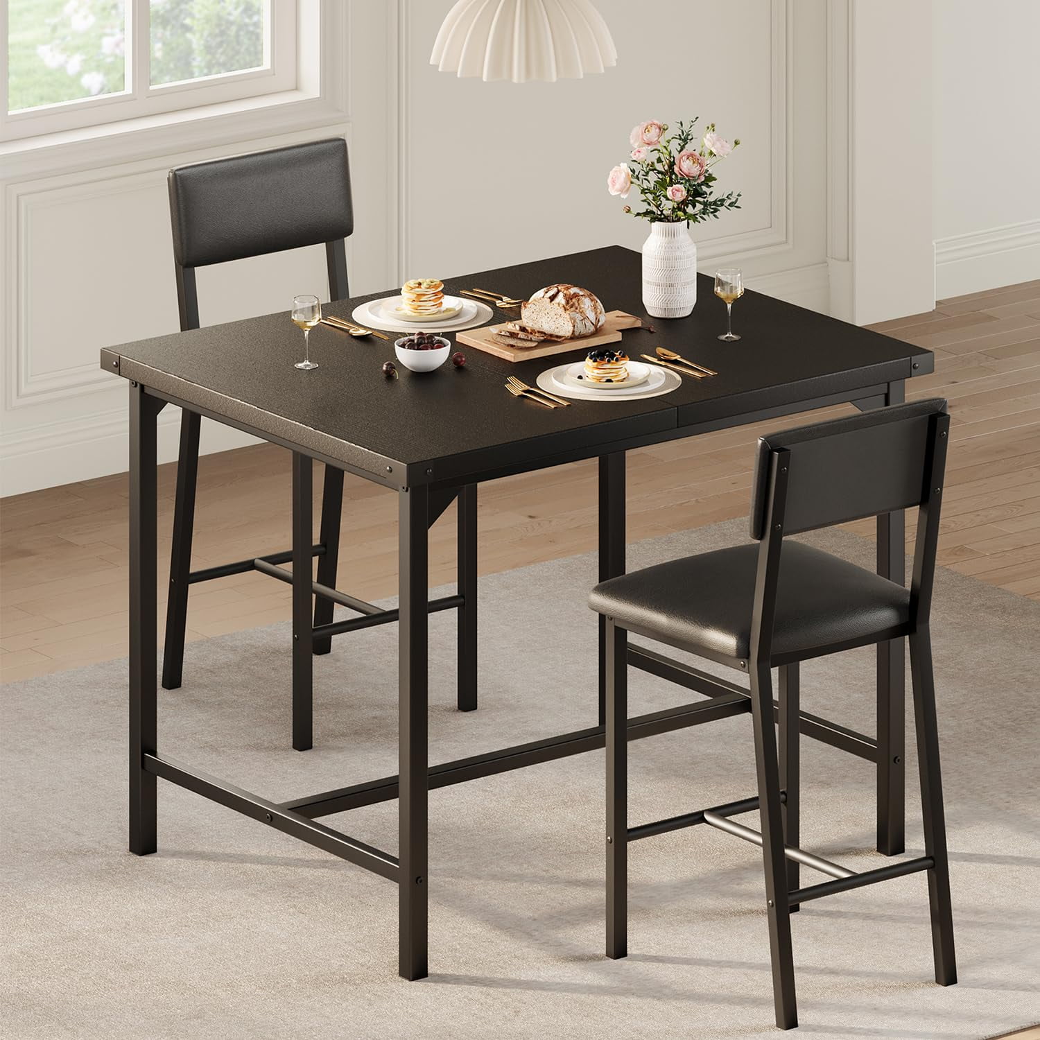 Huisuilinss Dining Table Set For 2,3-Piece Kitchen Table Set,Counter Height Kitchen Table With 2 Upholstered Chairs,Wood Dining Table Set With Footrest & Corner Protector For Apartment Pub