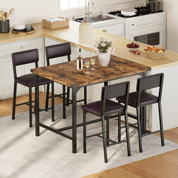 Huisuilinss Dining Table Set For 4,5-Piece Kitchen Table Set With Counter Height Table & 4 Upholstered Bar Stools,Wood Dining Table Set With Footrest & Corner Protector For Small Space Apartment Pub