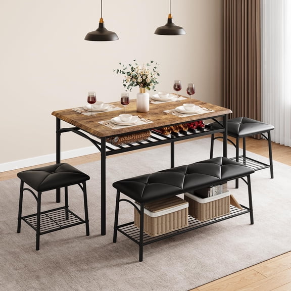 Huisuilinss Dining Table Set For 4,Wood Kitchen Table With Upholstered Bench,Square Kitchen Table And Chairs With Storage,Metel Frame Dinner Table For Dinette Dining Room Apartment Restaurant