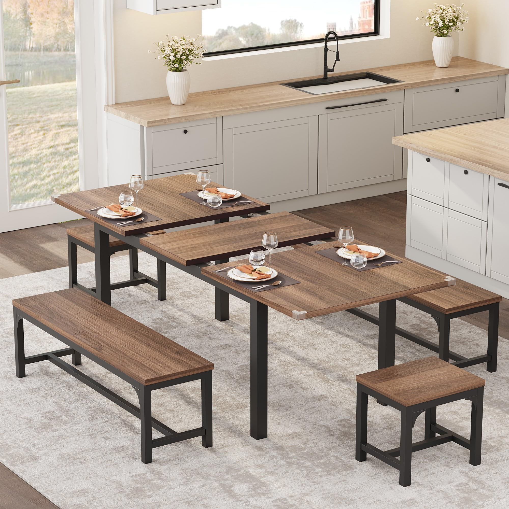 Huisuilinss Dining Table Set With Bench And Stool,Extendable Dining ...