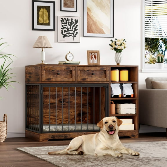 Huisuilinss Dog Crate Furniture,47” Large Dog Kennel Indoor,Wood Dog Cage TV Stand With 2 Drawers And 4 Shelves,Side End Table Dog House For Medium Large Dogs