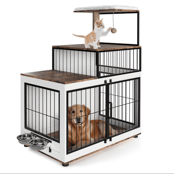 Huisuilinss Dog Crate Furniture,Multi-Functional Dog Cage With Cat Scratching Post,Resting Platform,Rotating Food Bowl,2 in 1 Dog Kennel,Farmhouse Side End Table,Pet House For Homes Cats Dogs