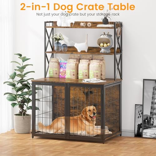 Huisuilinss Dog Crate Furniture With Storage Shelves,42.5" Dog Kennel With Divider,Wood Double Dog Crate End Table With Flip Top,Decorative 3 Doors Pet Crate For Indoor Small Medium Dog