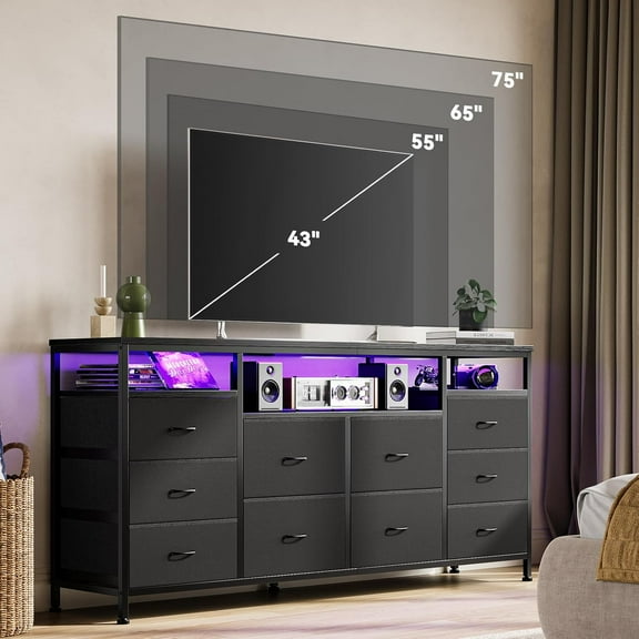 Huisuilinss Dresser for Bedroom, TV Stand for Bedroom for 60 70 75 inch TV with Charging Station and LED Lights, Fabric Chest of Drawers with Open Shelves, 10  Drawers Dressers for Living Room