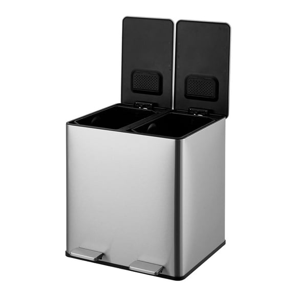 Huisuilinss Dual Trash Can, Rectangular Hands-Free Dual Compartment Recycling Kitchen Step Trash Can,2x 4Gal (2 x 15L) Stainless Steel Trash Can with Recycling Bin, Soft-Close Lid Garbage Bin