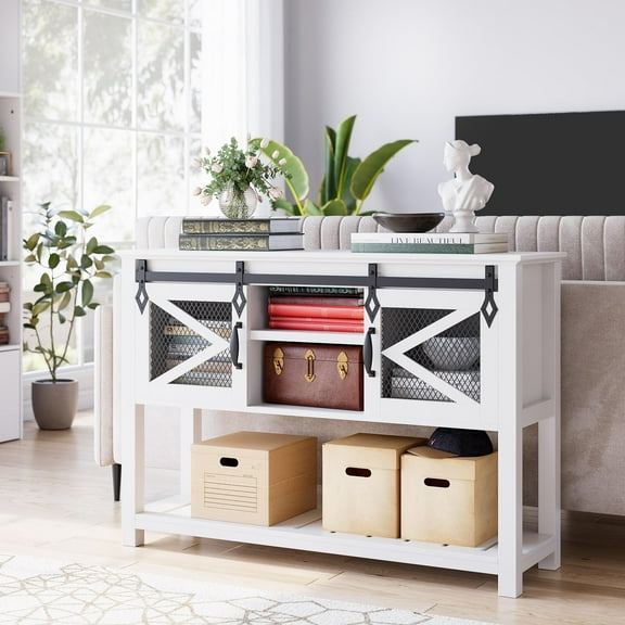 Huisuilinss Entryway Table With Sliding Barn Doors,Industrial Console Table With Storage And Open Shelf,Sofa Table Behind Couch Table For Entry Way Hallway Living Room Foyer
