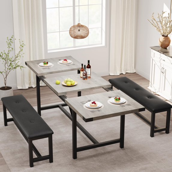 Huisuilinss Extendable Kitchen Table Set,3-Piece Dining Table Set For 4-6,Large Rectangle Dining Room Table With 2 Upholstered Benches For Apartment Living Meeting Room Saving Space