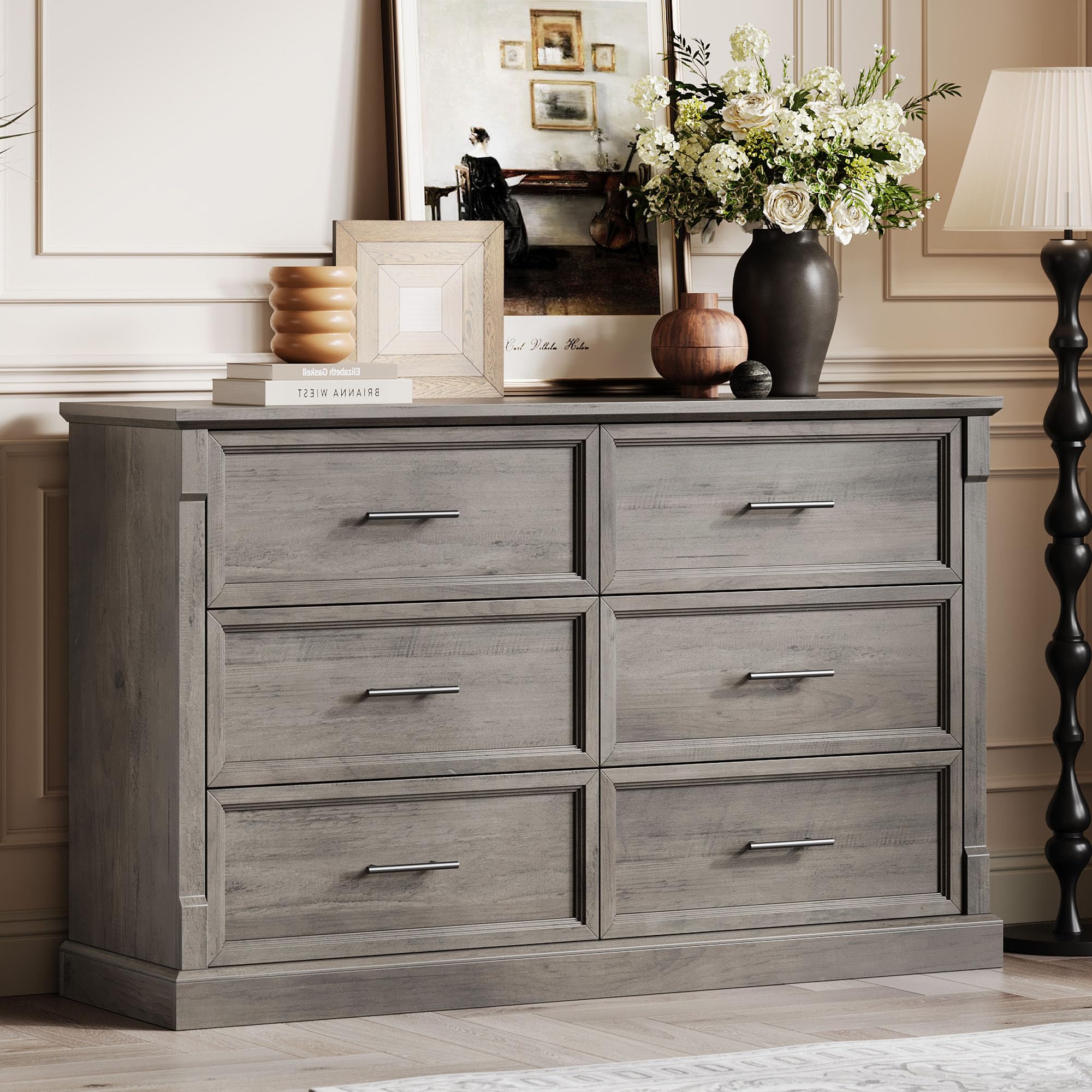 long modern dresser Modern Rattan 6 Drawer Dresser - Tall Chest, Deep Storage, Long Wooden Cabinet for Entryway, Hallway, Kids Room