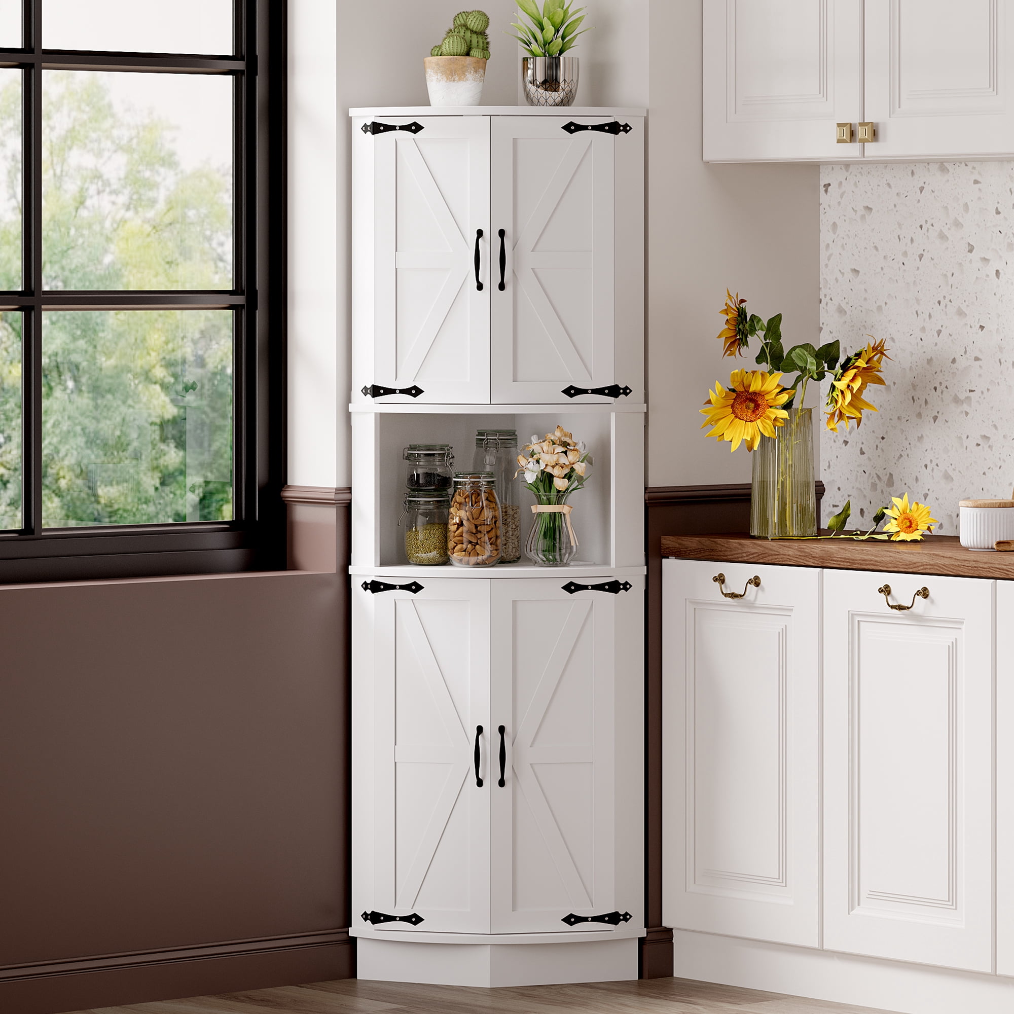 Huisuilinss Farmhouse Corner Cabinet With LED Light,5-Tier Tall Corner Storage Cabinet With Barn Door,Kitchen Pantry Storage Cabinet,Wood Food Pantry Built-in USB Ports & Outlets For Living Bathroom