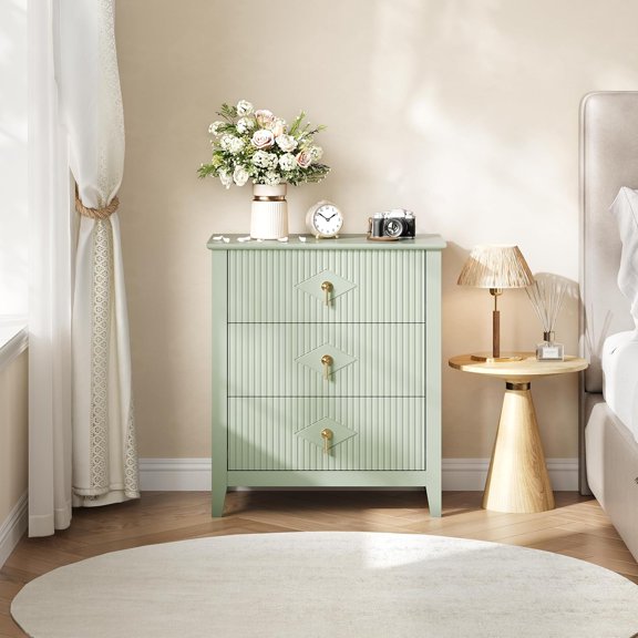 Huisuilinss Fluted 3 Drawer Dresser,Fluted Dresser For Bedroom,Wood Nightstand,Modern Chest Of Drawers,Wide Bedside Table,Storage End Table For Living Room Hallway Entryway