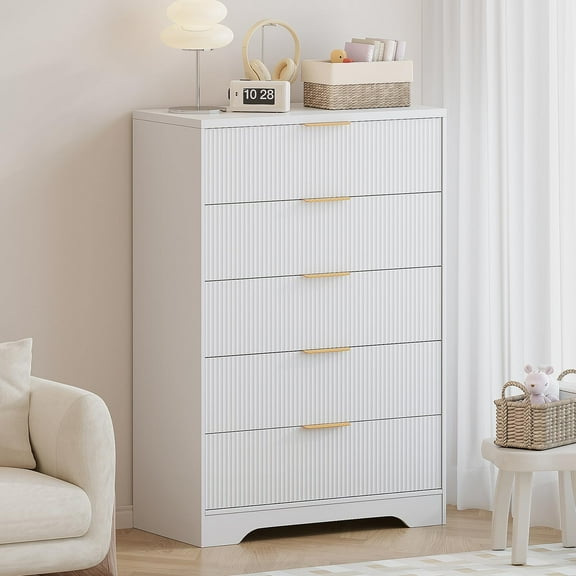 Huisuilinss Fluted 5 Drawers Dresser,47" Tall Dresser For Bedroom,Modern Chest Of Drawers With Gold Metal Handles,Wood Drawer Organizer For Closet Living Room Hallway Entryway