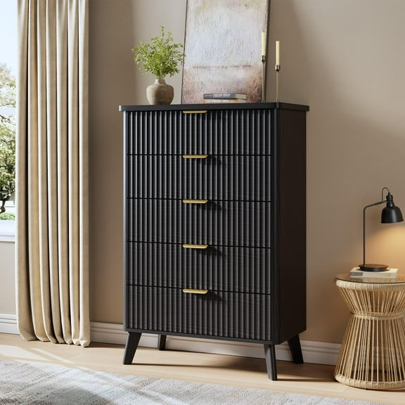 Huisuilinss Fluted 5 Drawers Dresser,Modern Tall Chest Of Drawers,Curved Profile Design Wood Dresser Storage Organizer For Living Room Hallway Entryway