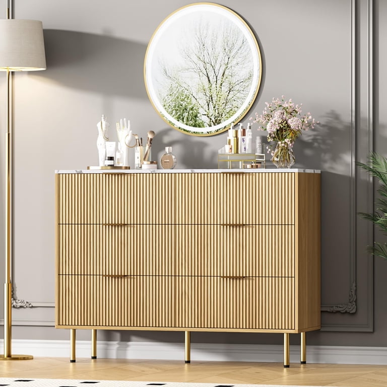 Huisuilinss Fluted 6 Drawer Dresser For Bedroom,Wood Wide Chest Of Drawers,6 Drawer Double Dresser TV Stand With Gold Handle,Drawer Organizer For Bedroom Living Room Hallway Entryway