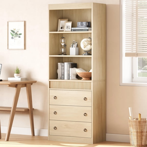 Huisuilinss Fluted Bookshelf With Drawer,70.8" Tall Bookshelf,Wood 6 Tier Bookcase With Storage,Freestanding Book Shelf With Waved Design,Storage Cabinet With Open Shelf For Living Hallway HomeOffice