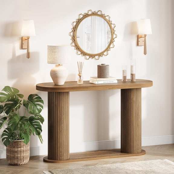 Huisuilinss Fluted Console Table,42.5" Oval Entryway Table With Storage Shelf,Modern Sofa Table Behind Couch For Hallway Foyer Living Room