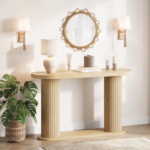 Huisuilinss Fluted Console Table,42.5" Oval Entryway Table With Storage Shelf,Modern Sofa Table Behind Couch For Hallway Foyer Living Room