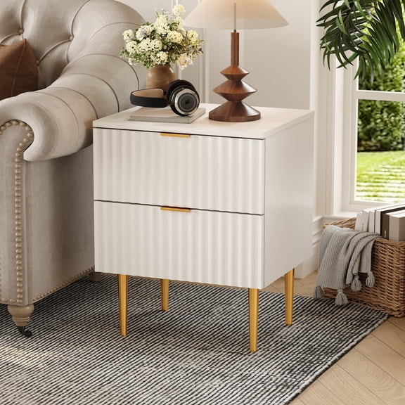 Huisuilinss Fluted Nightstand With 2 Drawers,Gold & Wood Bedside Table,Small Side Table,Modern End Table,Night Stand For Bedroom Apartment Living Room