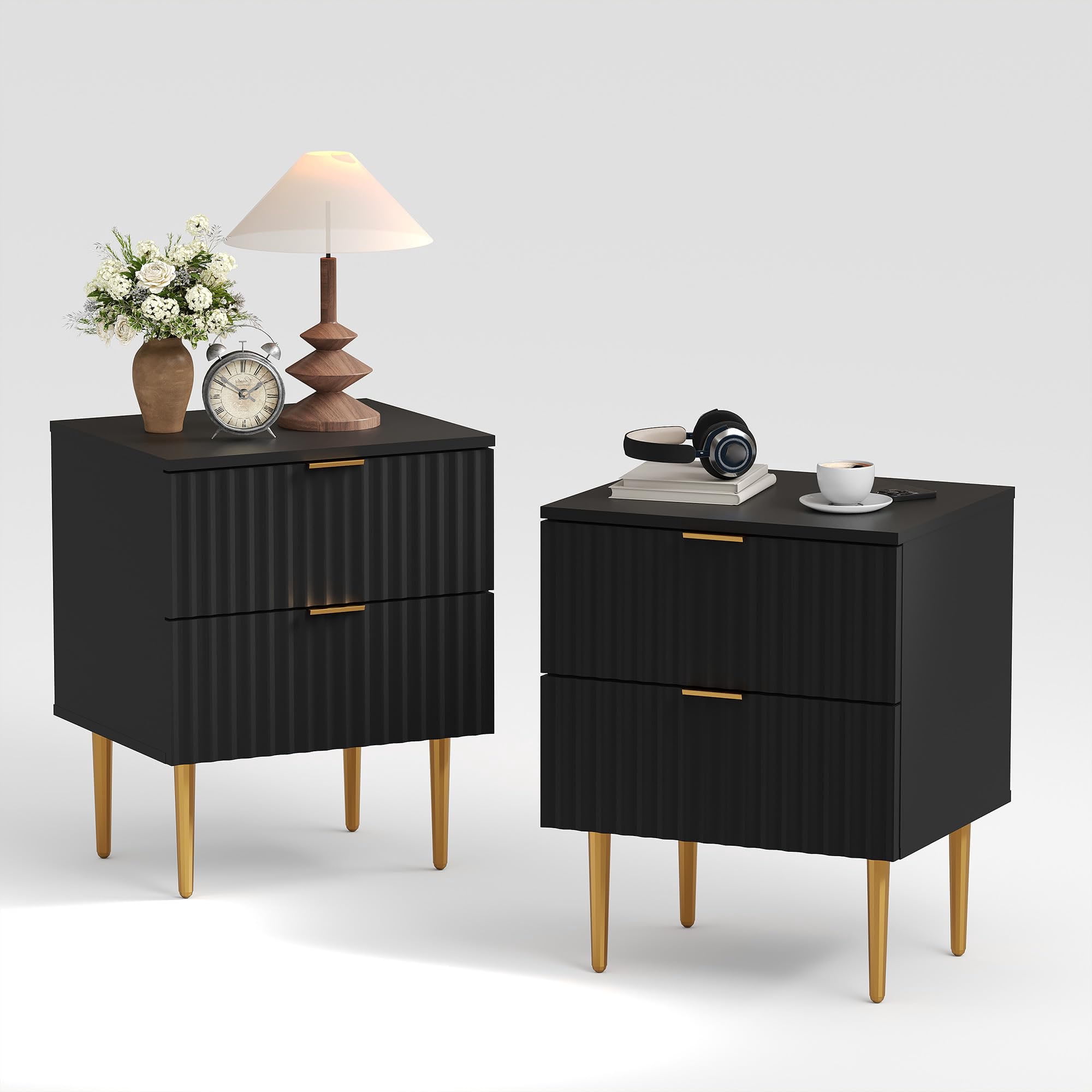 Huisuilinss Fluted Nightstand With 2 Drawers,Gold & Wood Bedside Table ...