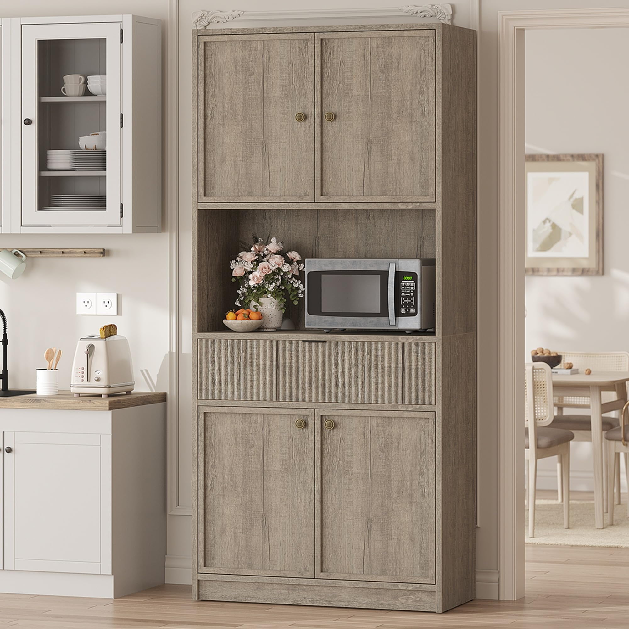Huisuilinss Fluted Pantry Cabinet,Kitchen Pantry Cabinet,70" Tall Pantry Storage Cabinet With Countertop,Kitchen Hutch Cabinet With Doors And Drawer,Freestanding Cupboard For Dining Room Living Room