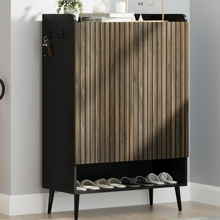 Huisuilinss Fluted Shoe Cabinet With 2 Doors,Wood Shoe Storage Cabinet With Adjustable Shelves,Entryway Shoe Rack,Shoe Organizer For Hallway Entryway Living Room