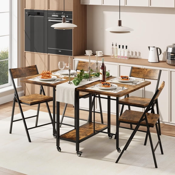 Huisuilinss Folding Dining Table Set For 4,Farmhouse Drop Leaf Dining Table With 4 Chairs,Foldable Kitchen Table And Chairs Set With Storage & Lockable Wheels,Space Saving Dinner Table Set