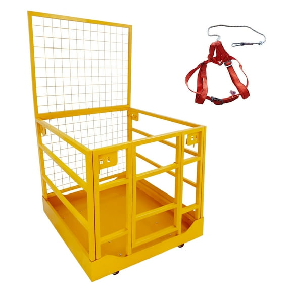 Huisuilinss Forklift Safety Cage, 43x45 Inches Foldable Forklift Work Platform of 1400 lbs Load Capacity, with Safety Harness, Holds 1 to 2 People, Ideal for Aerial Work