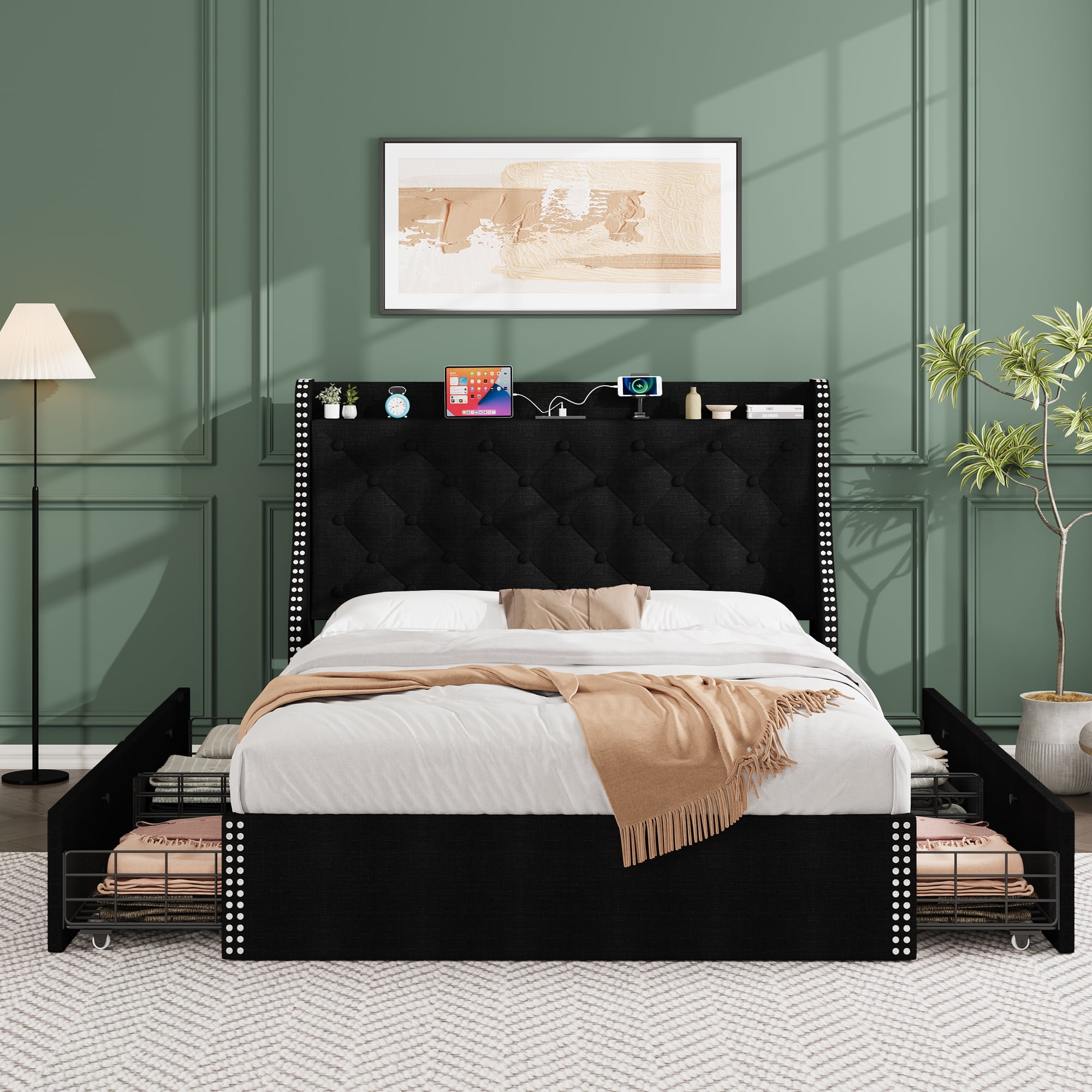 Huisuilinss Full Size Bed Frame With Charging Station,Upholstered Queen Bed Frame With 4 Storage Drawers And Wingback Storage Headboard,Diamond Stitched Button Tufted Design,No Box Spring Needed
