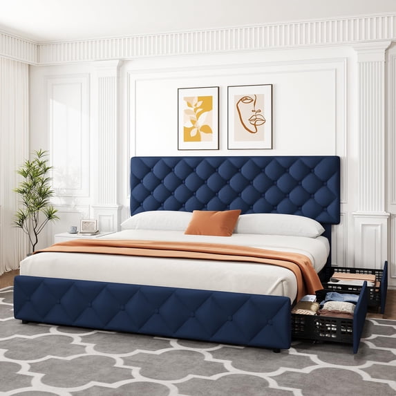 Huisuilinss Full Size Bed Frame,Linen Upholstered Platform Bed Frame,Queen Bed Frame With 4 Storage Drawers And Adjustable Headboard,Diamond Stitched Button Tufted,No Box Spring Needed