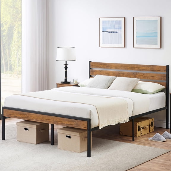 Huisuilinss Full Size Bed Frame,Metal Platform Bed Frame With Wood Headboard,Queen Bed Frame With Under Bed Storage,Strong Wood Slats Support,Noise-Free,No Box Spring Needed