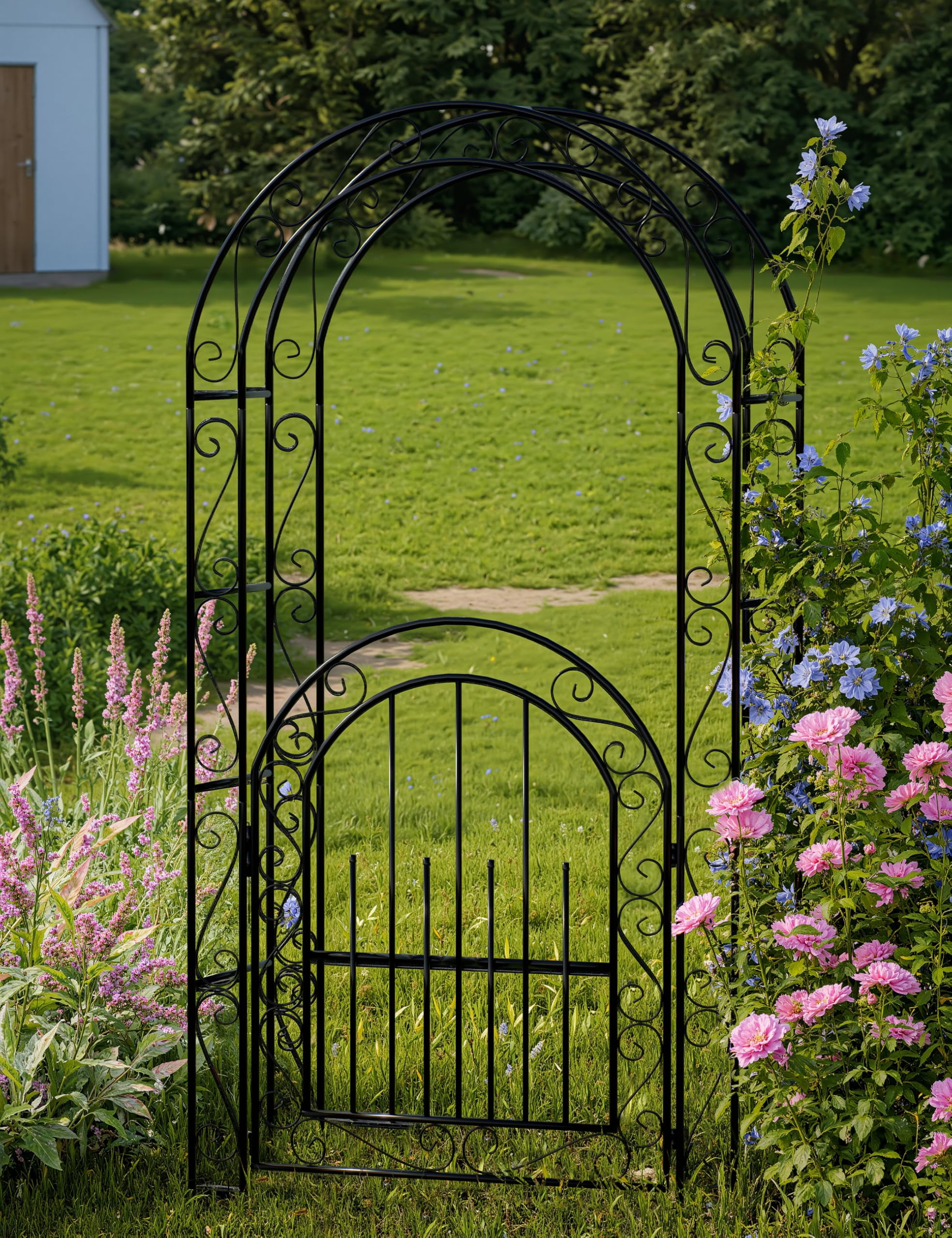 Huisuilinss Garden Arbor With Gate,7 FT Elegant Garden Arch With Gate ...