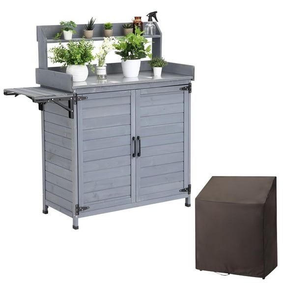 Huisuilinss Garden Potting Bench Table,Wood Planting Work Bench,Outdoor Storage Cabinet With Open Top,Metal Tabletop,Handy Hooks,Bench Table Cover