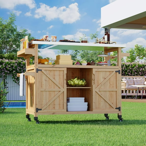 Huisuilinss Grill Cart With Storage Cabinet,Farmhouse Kitchen Island,Outdoor Grill Table,Wood Food Prep Table Cart With Stainless Steel Table Top,Spice Rack,Towel Rack,Lockable Wheels For BBQ Cooking