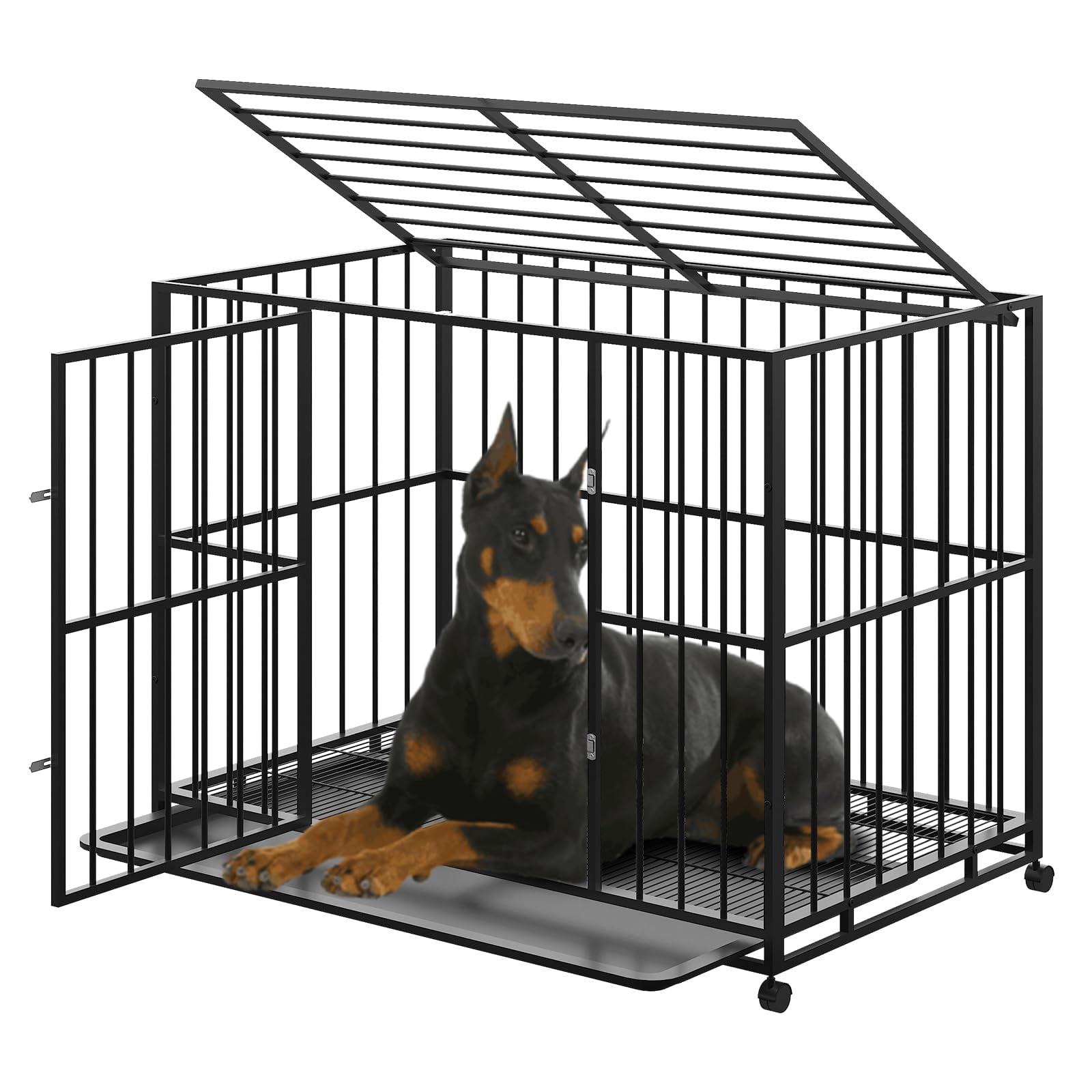 Huisuilinss Indestructible Dog Crate,Stainless Steel Dog Kennel Indoor,Stackable Escape Proof Dog Cage With Wheels,Double Door,Removable Tray For High Anxiety Dogs