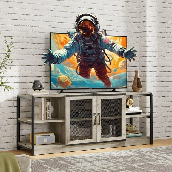 Huisuilinss Industrial TV Stand For 65/75+ Inch TV,Entertainment Center,TV Media Console Table With Storage,Mesh Door And Shelves,TV Console Cabinet For Living Room Bedroom
