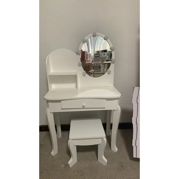 Huisuilinss Kids Vanity Set with Matching Stool, Mirror with LED Lights + Storage Drawer For 4yr and up, Pretend Play House,Wooden Princess Makeup Desk Dressing Table