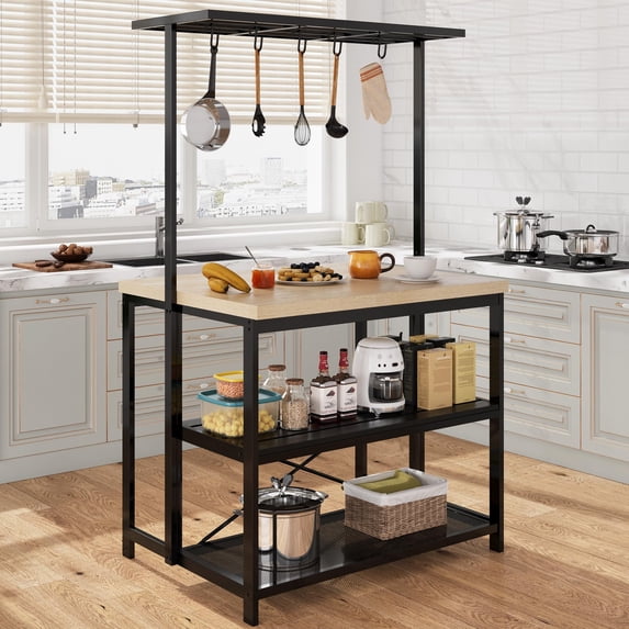 Huisuilinss Kitchen Island Table,Microwave Stand Oven Shelf,Metal Coffee Bar Table,Bakers Rack With 3 Tier Storage And 5 Hooks,Kitchen Storage For Spices Pots Pans,Stool Not Included