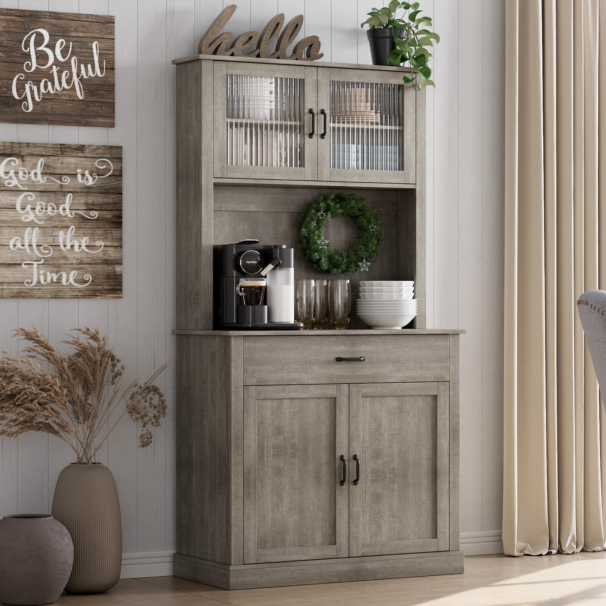Huisuilinss Kitchen Pantry,71" Tall Pantry Storage Cabinet With Microwave Stand,Kitchen Hutch Cupboard,Freestanding Sideboard Buffet With Drawer,Shelves And Glass Doors,Coffee Bar For Home Dining Room