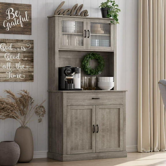 Huisuilinss Kitchen Pantry,71" Tall Pantry Storage Cabinet With Microwave Stand,Kitchen Hutch Cupboard,Freestanding Sideboard Buffet With Drawer,Shelves And Glass Doors,Coffee Bar For Home Dining Room