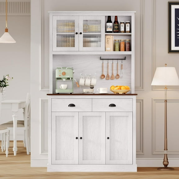 Huisuilinss Kitchen Pantry Storage Cabinet,71" Tall Wood Pantry Cabinet With Microwave Stand,Drawers,Farmhouse Kitchen Hutch Cabinet,Coffee Bar With Wine Rack For Dining Living Room