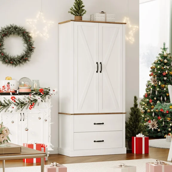 Huisuilinss Kitchen Pantry Storage Cabinet,Tall Pantry Cabinet With Barn Doors,Drawer,And 2 Adjustable Shelves,Freestanding Cupboard Hutch Cabinet For Kitchen Dining Room Living Room