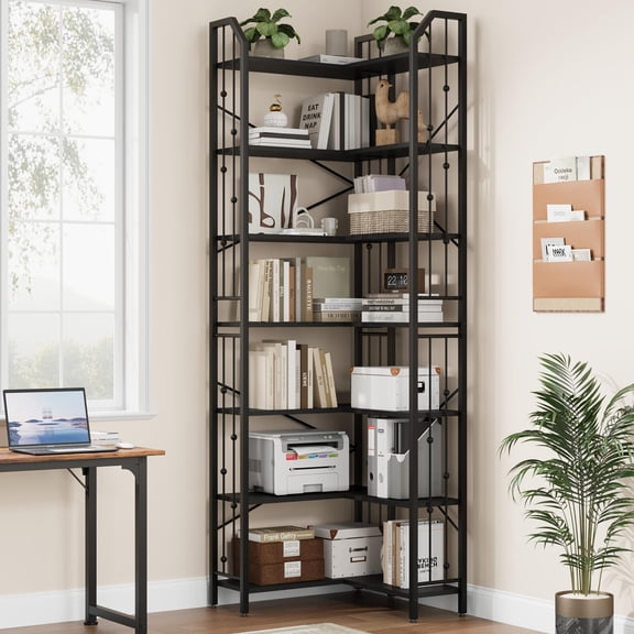 Huisuilinss L-Shaped Corner Bookshelf,Etagere Bookcase,Industrial Corner Shelf Storage Rack,Freestanding Display Shelf,Wood Open Storage Shelves With Metal Frame For Living Bedroom Home Office