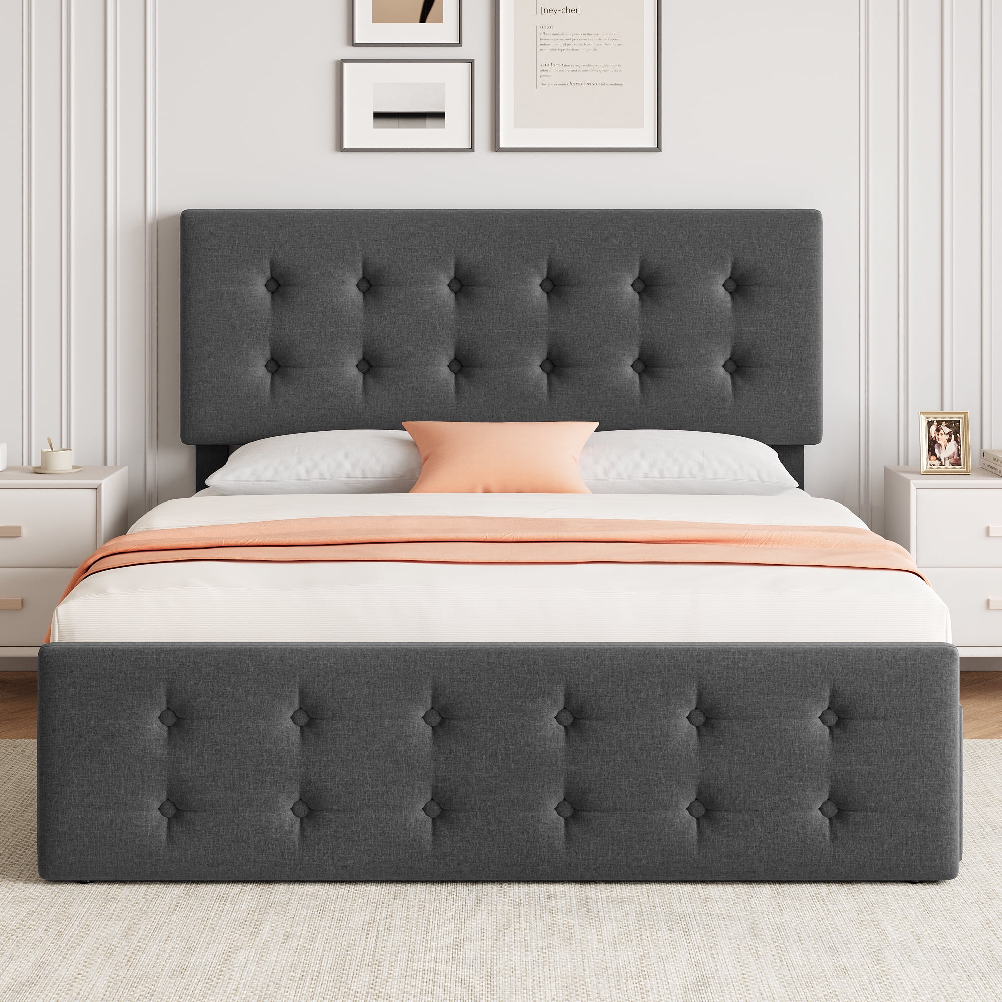 Huisuilinss Linen Upholstered Platform Bed Frame Queen Size Bed Frame With Button Tufted Design Headboard Full Size Bed Frame With 4 Storage Drawers Wooden Slats Support No Box Spring Needed