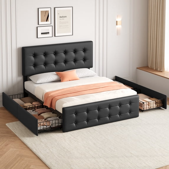 Huisuilinss Linen Upholstered Platform Bed Frame Queen Size Bed Frame With Button Tufted Design Headboard Full Size Bed Frame With 4 Storage Drawers Wooden Slats Support No Box Spring Needed